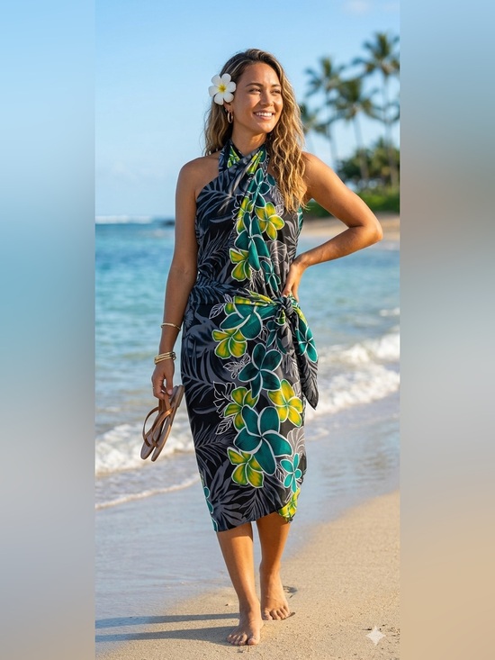 Other - Green yellow gray black plumeria cluster Pareo sarong